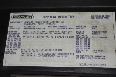 Freightliner component information plate showing engine and vehicle specs for a 2012 Cascadia 125 Daycab. Includes VIN, engine model, RPM, torque, axle data, paint, and part numbers.