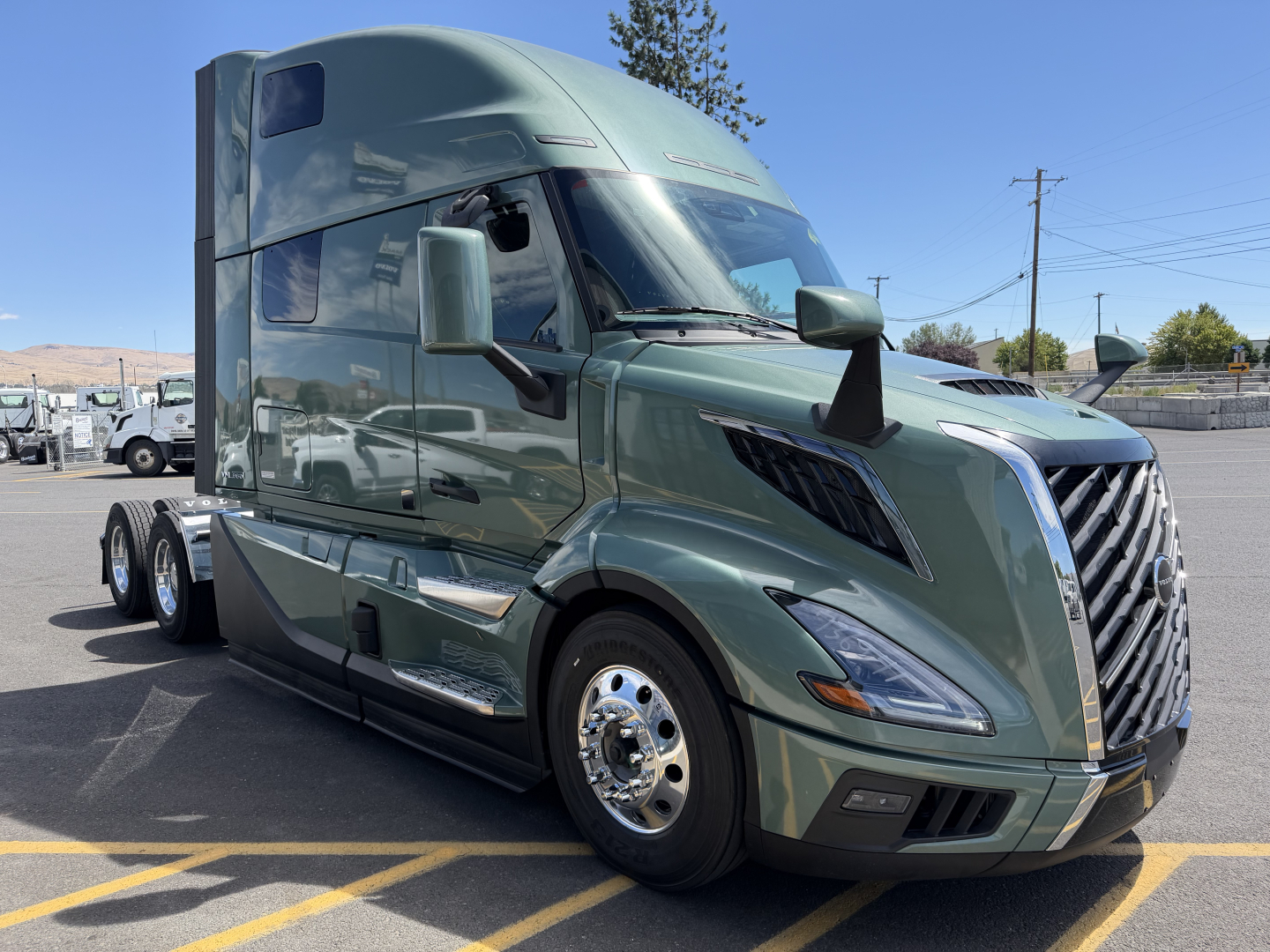 Volvo VNL64T860 truck in a parking lot showing front grille, cab, and side with green exterior and chrome wheels.