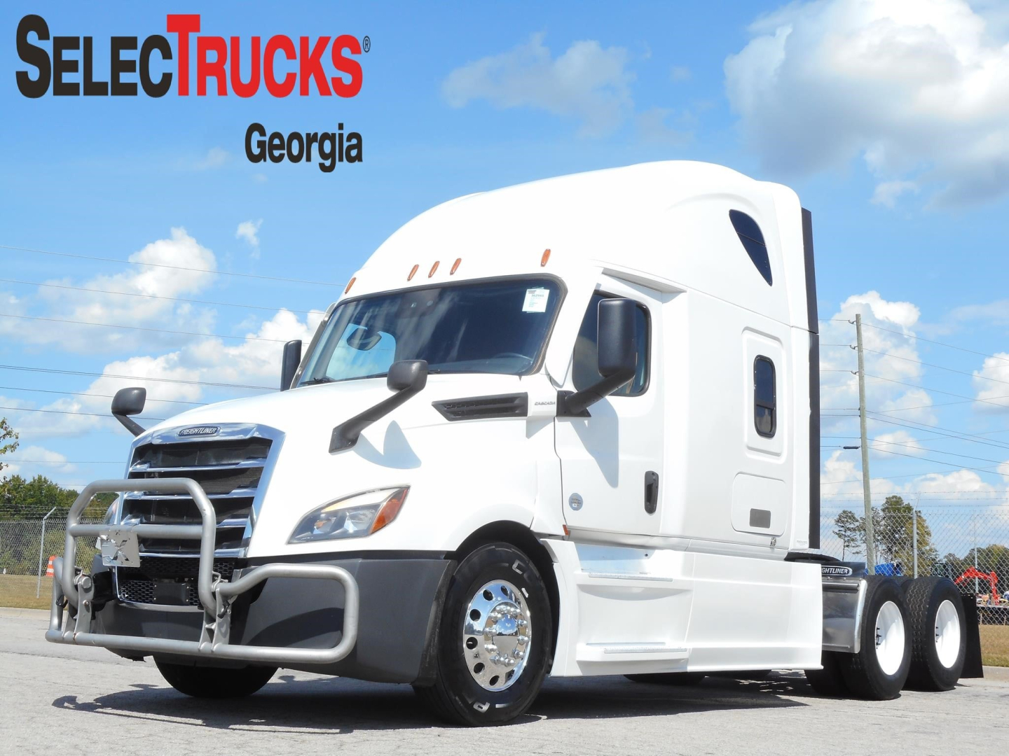 Freightliner Cascadia 126 truck in view showing front and side profile with grille guard