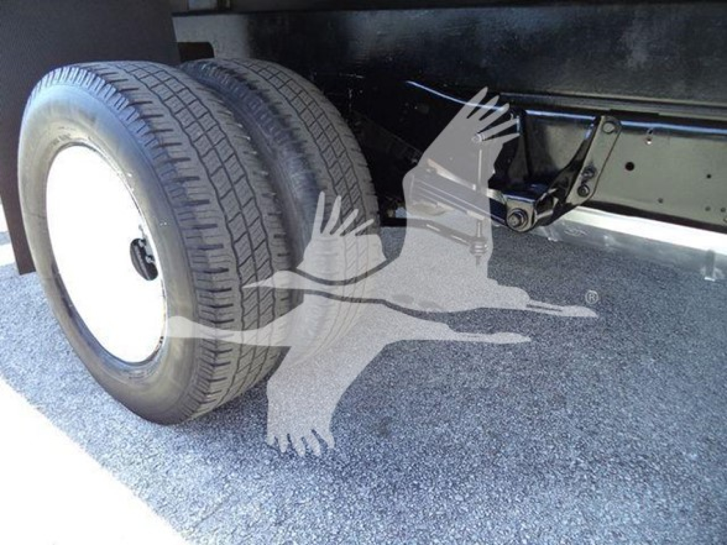Ford E-450 chassis view showing dual rear wheels and undercarriage with flatbed trailer hitch area.