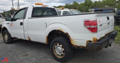 Ford F-150 pickup truck crew cab rear side showing rust on body, white paint, orange clearance lights, wheel wells, and rear bumper.
