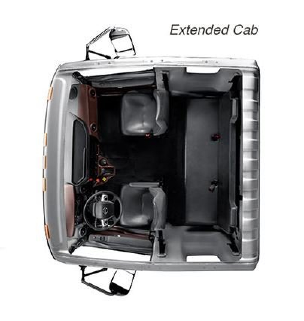 Extended Cab 2027 Hino L7 cab chassis with front seats and steering wheel visible, overhead top view showing cabin interior.