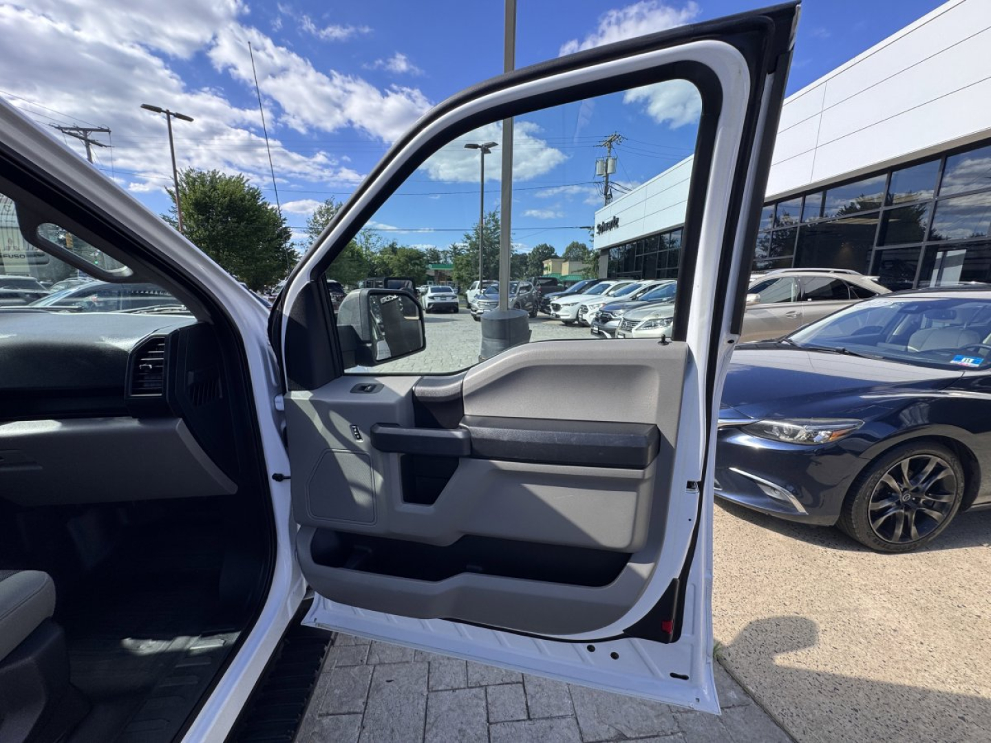 Ford F-150 driver door open showing interior door panel with light gray and black colors.