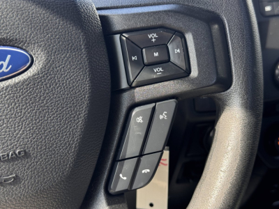 Ford F-150 steering wheel close-up with audio controls and phone buttons visible on the left spokes.