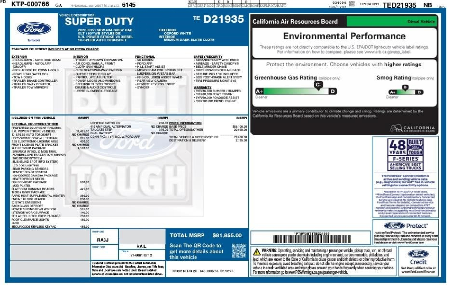 Ford Super Duty window sticker and environmental performance label for 2026 Ford F350 showing VIN 1FT8W3BT1TED21935, stock 352081, category pickup 2wd, new vehicle details.
