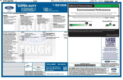 Ford Super Duty window sticker and environmental performance label for 2026 Ford F350 showing VIN 1FT8W3BT1TED21935, stock 352081, category pickup 2wd, new vehicle details.