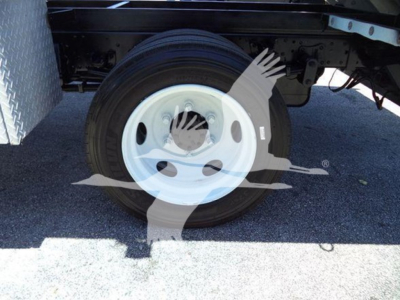Isuzu NPR HD truck rear wheel and chassis with white steel wheel and tire visible, utility body frame in view.
