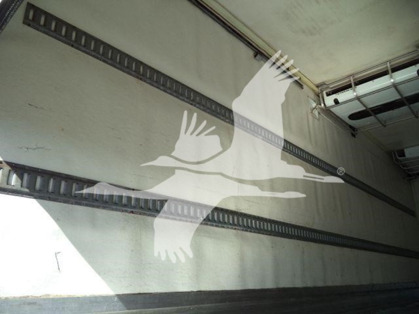 Freightliner M2 106 truck interior side wall with E-Track rails and overhead ceiling; overlay watermark with birds logo from listing.