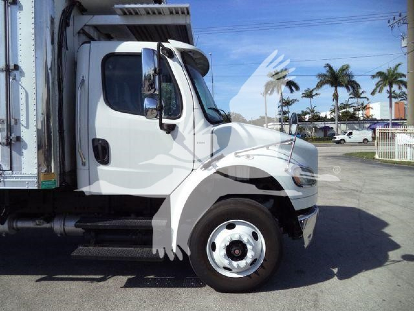 White Freightliner M2 106 truck cab with refrigeration unit side view, front wheel visible, palm trees in background.