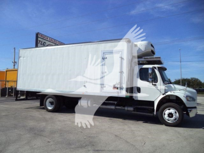 Side view of a white 2016 Freightliner M2 106 refrigerated truck with a box body and cab, stock number 24016RFM visible.