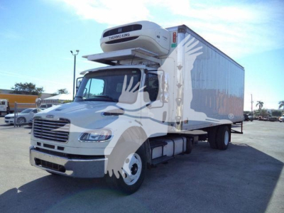 Freightliner M2 106 refrigerated truck with box trailer and Thermo King unit mounted on front of the box.