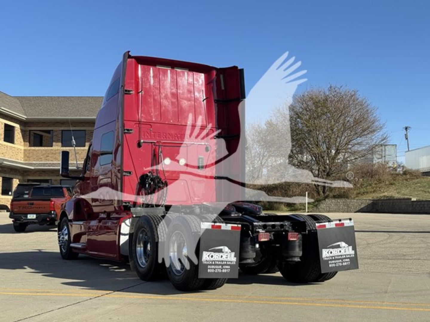 2018 International LT tractor cab rear view showing sleeper and chassis with rear fenders and mud flaps.