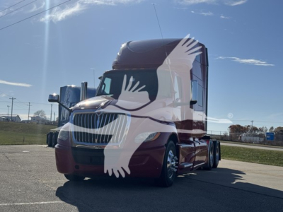 2018 International LT conventional sleeper truck in maroon color, front-left view, with a large white overlay watermark of birds.