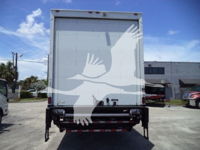 Box truck rear view showing livery with bird graphic on white cargo doors; taillights, bumper, and rear underrun guard visible.