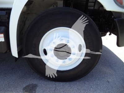 Truck front wheel well of a 2020 Hino 268A showing front tire and white steel rim, with watermark of two flying birds across wheel.