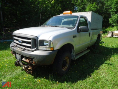 Ford F-250 Super Duty pickup truck with plow mount and utility box in grassy lot, front view showing bumper and headlight.