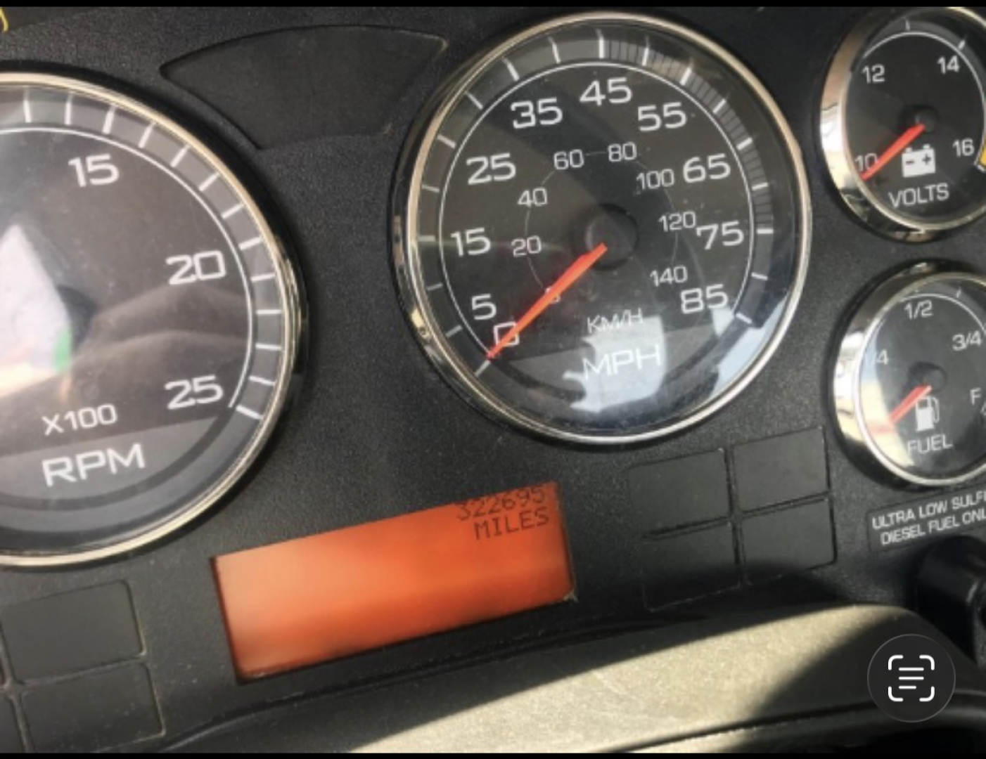 Dashboard gauges of a cab and chassis showing speedometer, tachometer, and fuel/engine indicators with an odometer reading.