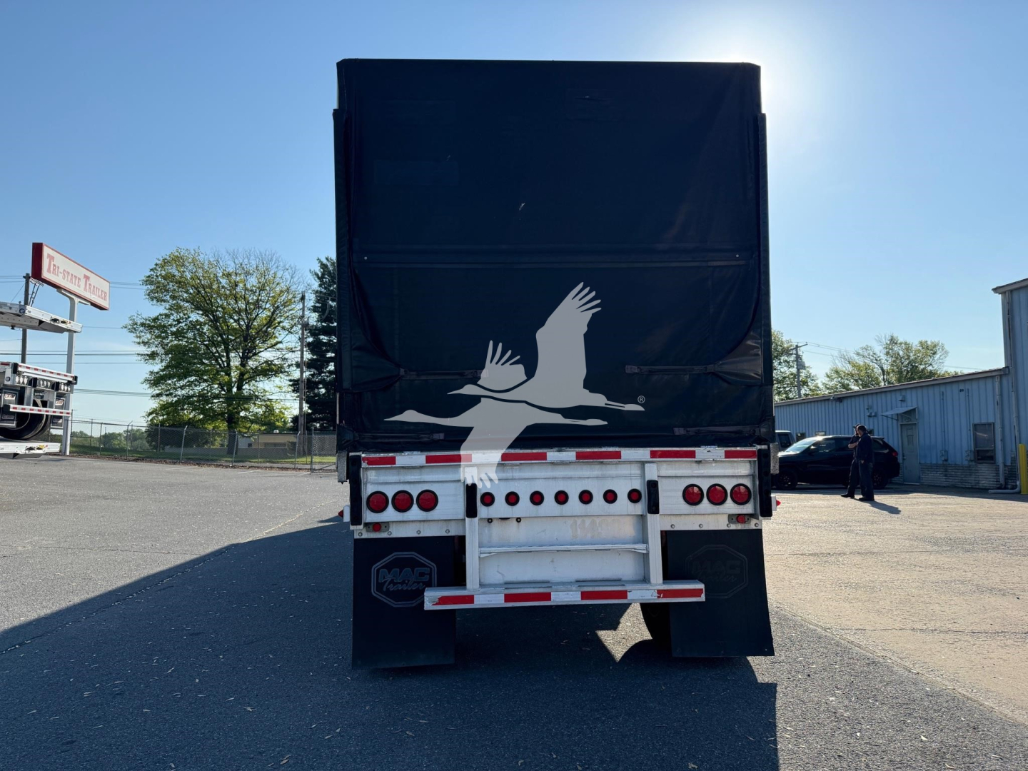 Trailer rear view showing large black curtain side with white bird graphic and rear lighting, mudflaps, and bumper; license plate area not visible.