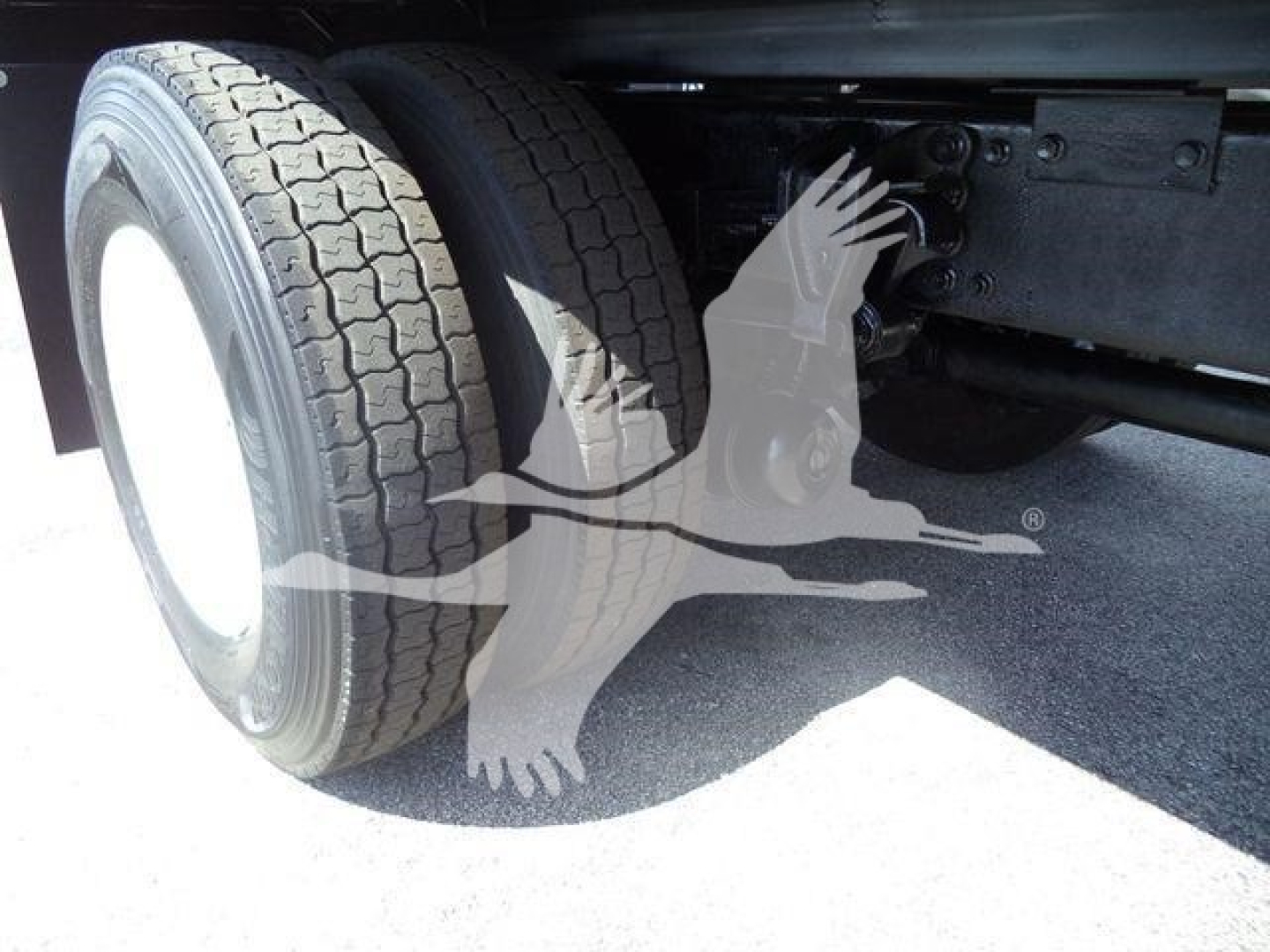 Wheel and dual rear tires of a dump truck showing tire tread and undercarriage components.