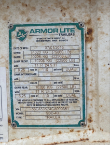 Armor Lite Trailers plate with GVWR 75000 lb, GAWR values, VIN 56EA53K24GA000381, model SBD-40, trailer details and tire info.