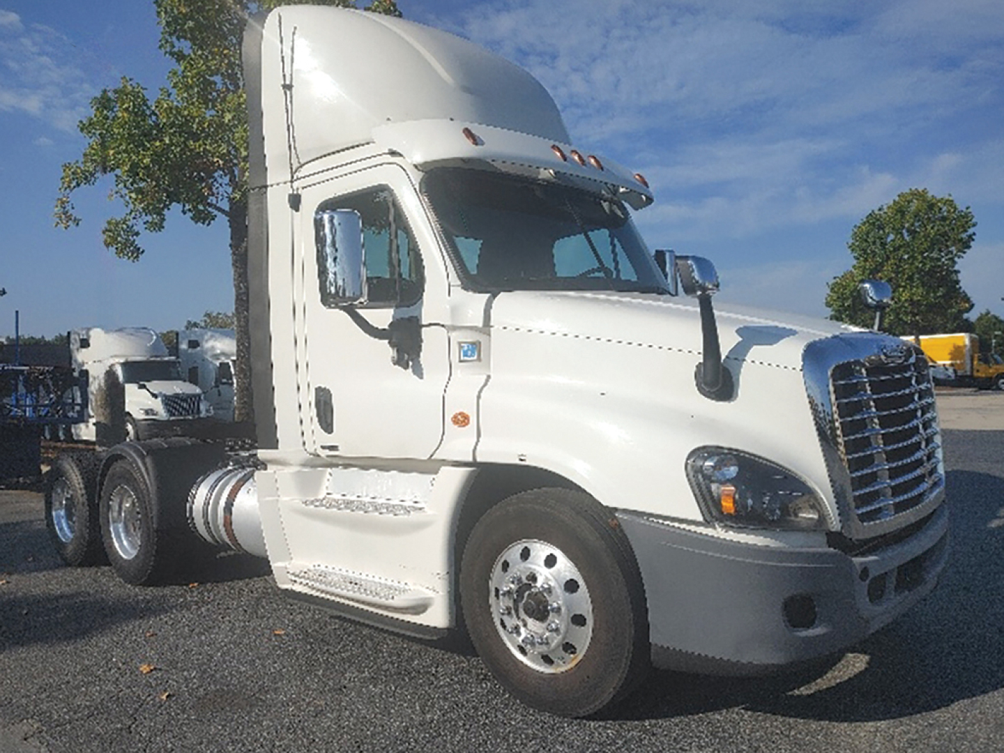Freightliner Cascadia125 Evolution tractor cab side view showing white truck with sleeper, front grille, dual rear wheels, and chrome mirrors.