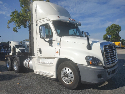 Freightliner Cascadia125 Evolution tractor cab side view showing white truck with sleeper, front grille, dual rear wheels, and chrome mirrors.