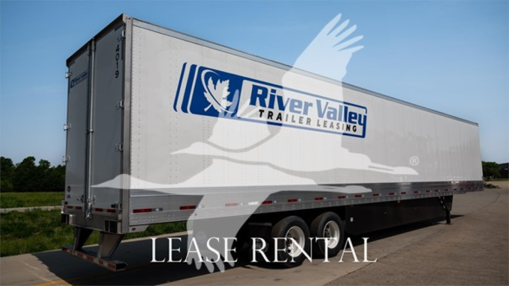 Trailer side view showing River Valley Trailer Leasing logo and LEASE RENTAL watermark on a Utility 4000Dx trailer.