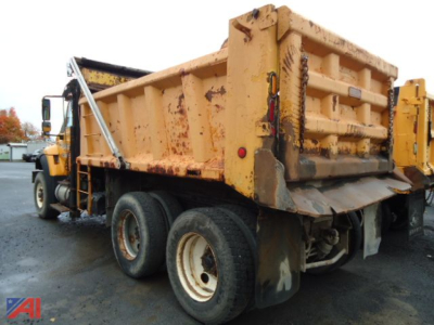Dump truck rear and side view showing large cargo bed with dirt and rust; dual rear axles with mud flaps; left rear wheel visible; tailgate and hydraulic system.
