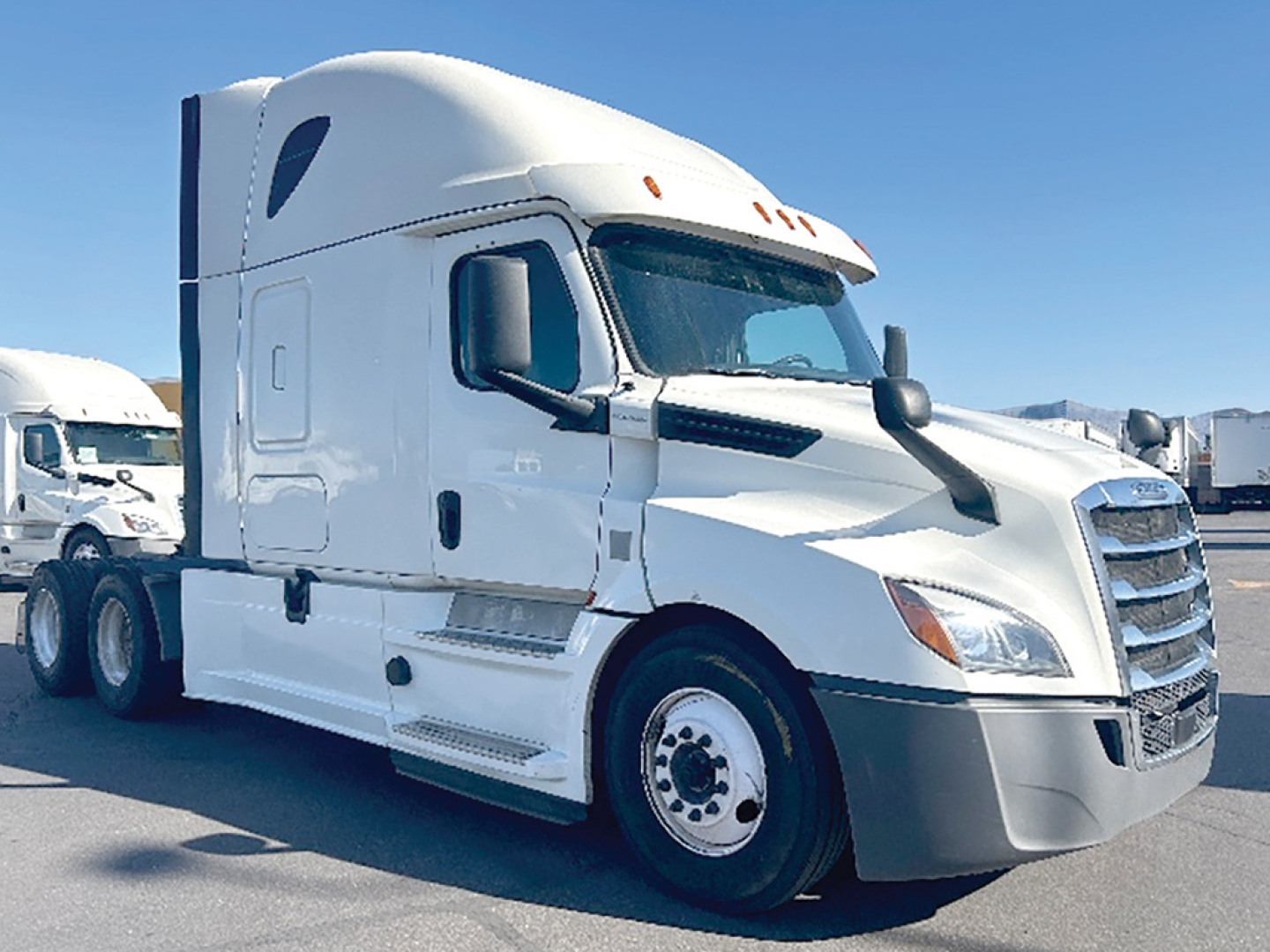 Truck image: 2020 Freightliner Cascadia126 sleeper cab, side view showing front grille, headlights, cab mirrors, and wheel. No visible text readable besides the general truck shape.