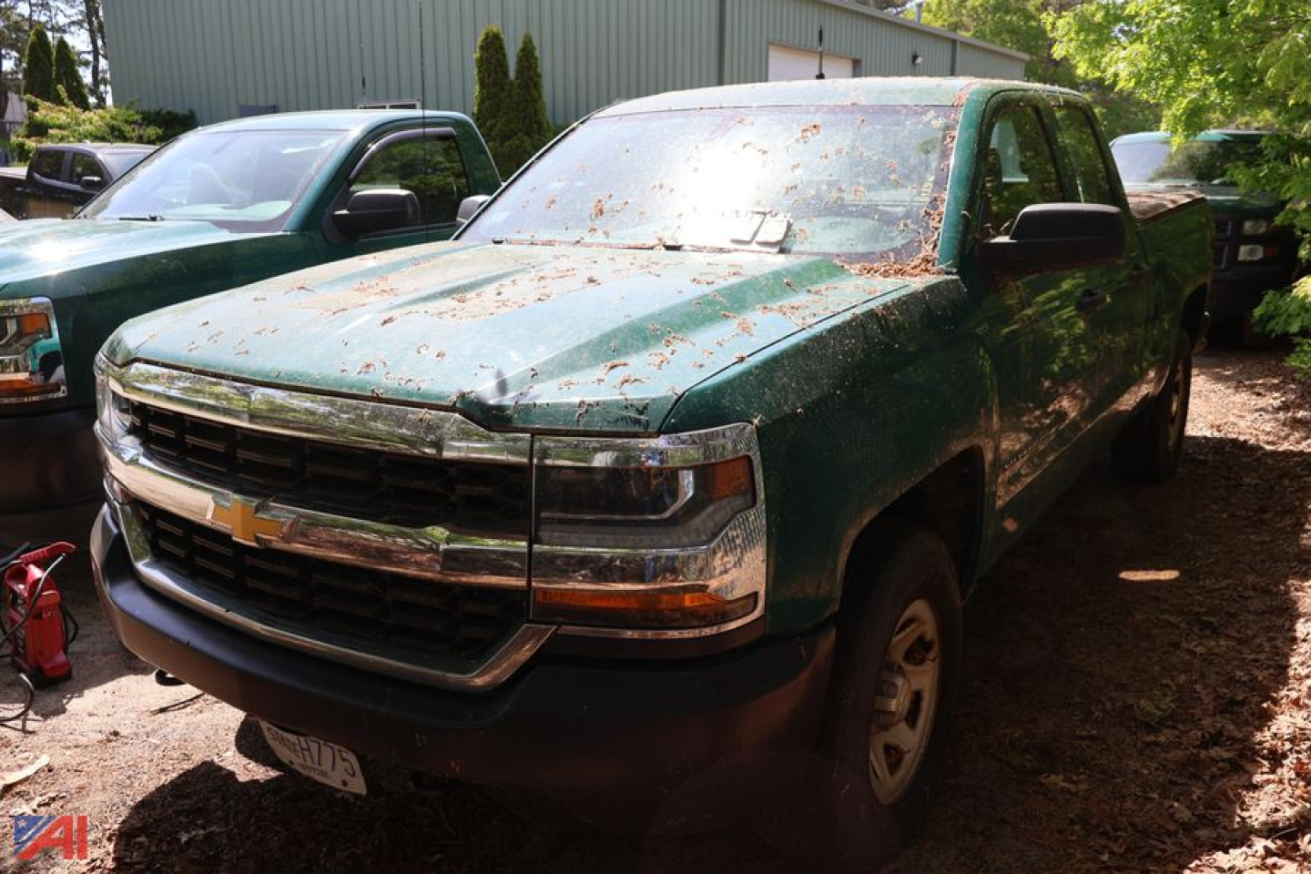 Chevrolet Silverado 1500 pickup truck 4x4 with green paint and extensive rust spots on hood and cab side, front grille with Chevrolet emblem, headlights, side mirrors, and dirty windshield; appears used and parked outdoors.