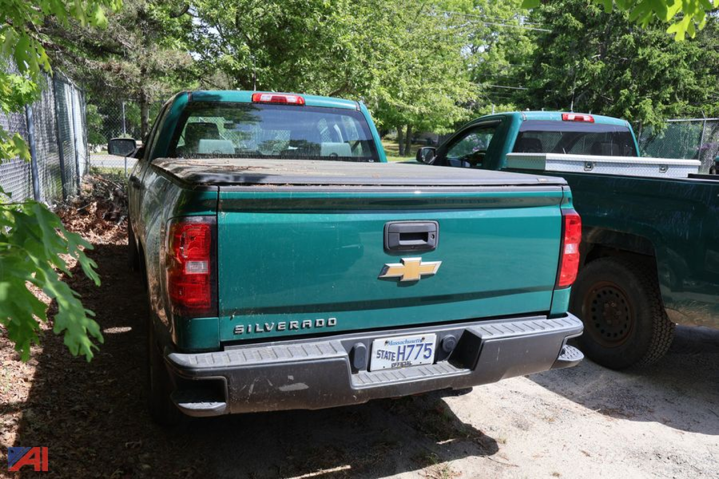 Chevrolet Silverado 1500 Crew Cab rear view showing green pickup truck and tailgate emblem.