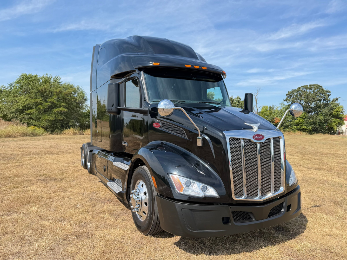 Peterbilt 579 truck in a field showing front grille and cab details with chrome mirrors and sleeper