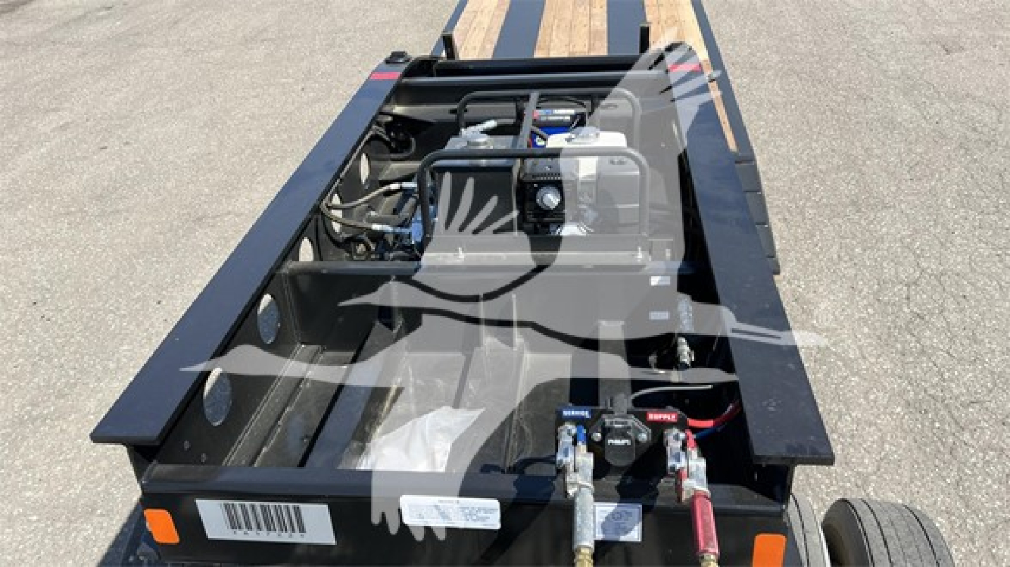 Renegade Xn20 Fontaine lowboy trailer engine bay/tow hitch showing fuel cap and wiring with labels