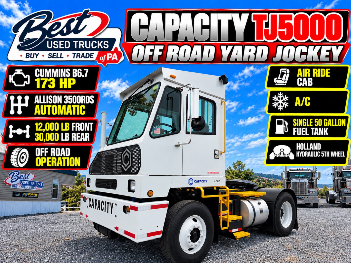 Capacity TJ5000 off-road yard jockey truck showing Cummins B6.7 173 HP and Allison 3500 R automatic, 12,000 lb front 30,000 lb rear ratings, air ride cab, A/C, single 50 gallon fuel tank, Holland hydraulic 5th wheel setup.