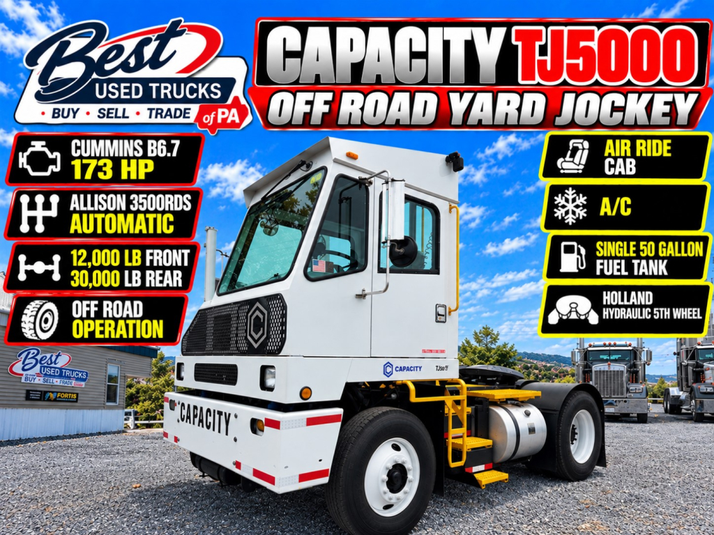 Capacity TJ5000 off-road yard jockey truck showing Cummins B6.7 173 HP and Allison 3500 R automatic, 12,000 lb front 30,000 lb rear ratings, air ride cab, A/C, single 50 gallon fuel tank, Holland hydraulic 5th wheel setup.