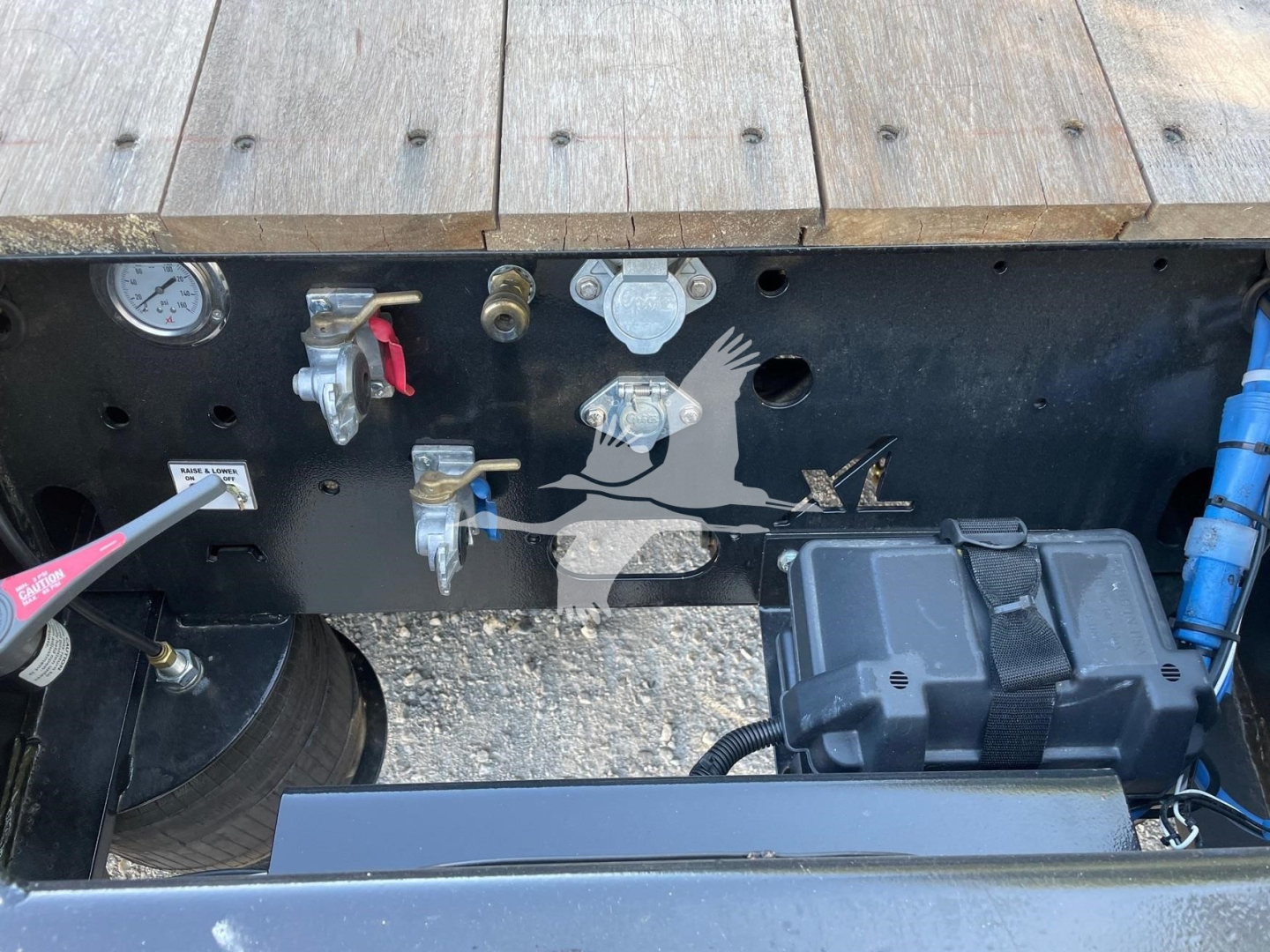 Trailer utility panel with gauges and valves; hydraulic lines and a black battery box visible. Various valves show red and blue handles; a pressure gauge on left.