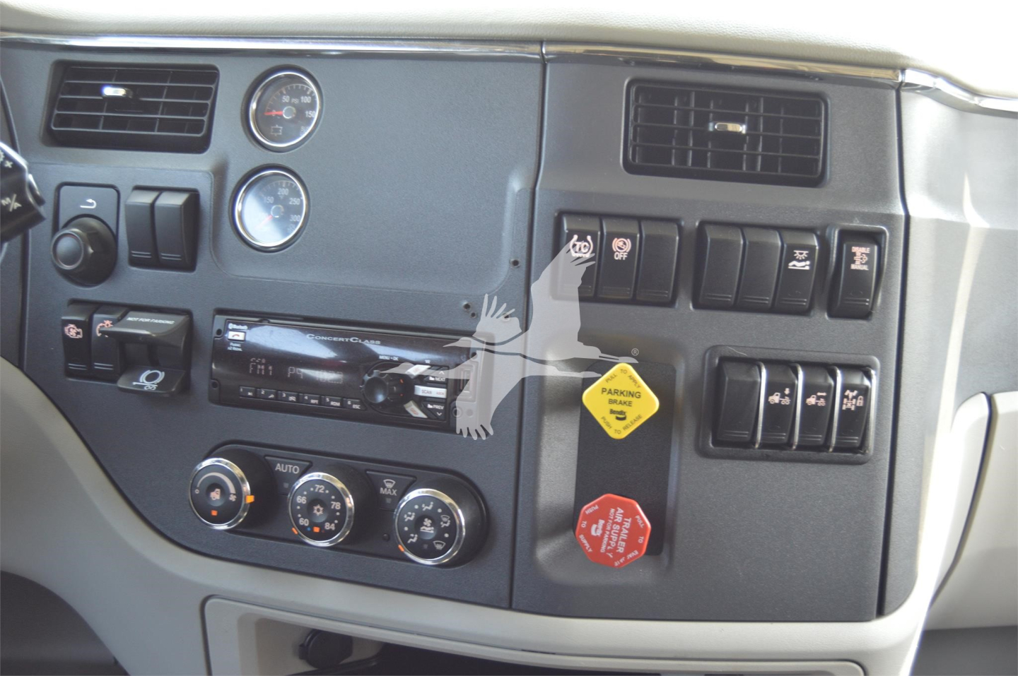 Peterbilt 579 dashboard and control panel showing gauges and switches
