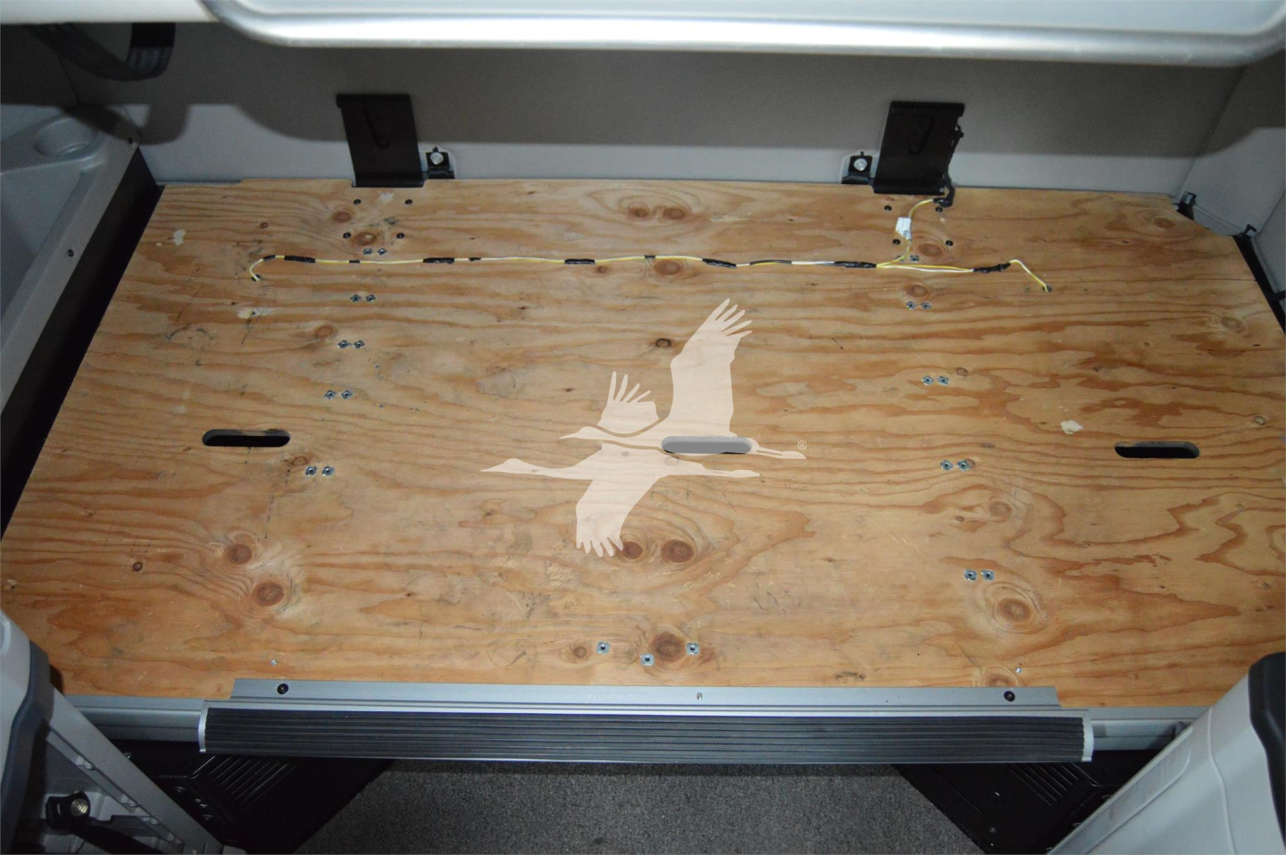 Truck cargo area showing plywood bed with a bird graphic and metal latches along top edge; interior side walls visible