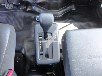 Truck interior with automatic shifter lever showing gear positions R N D 2 1; central console between driver and passenger seats; Ford-style diesel? label not visible.