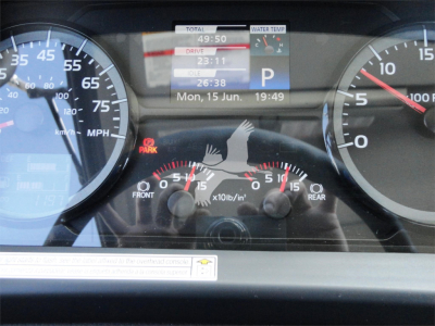 Dashboard view of 2022 Hino 268A rollback truck showing speedometer gauges and center digital display.