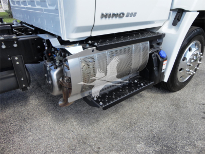 Hino 268A rollback truck side view showing fuel tank and side steps