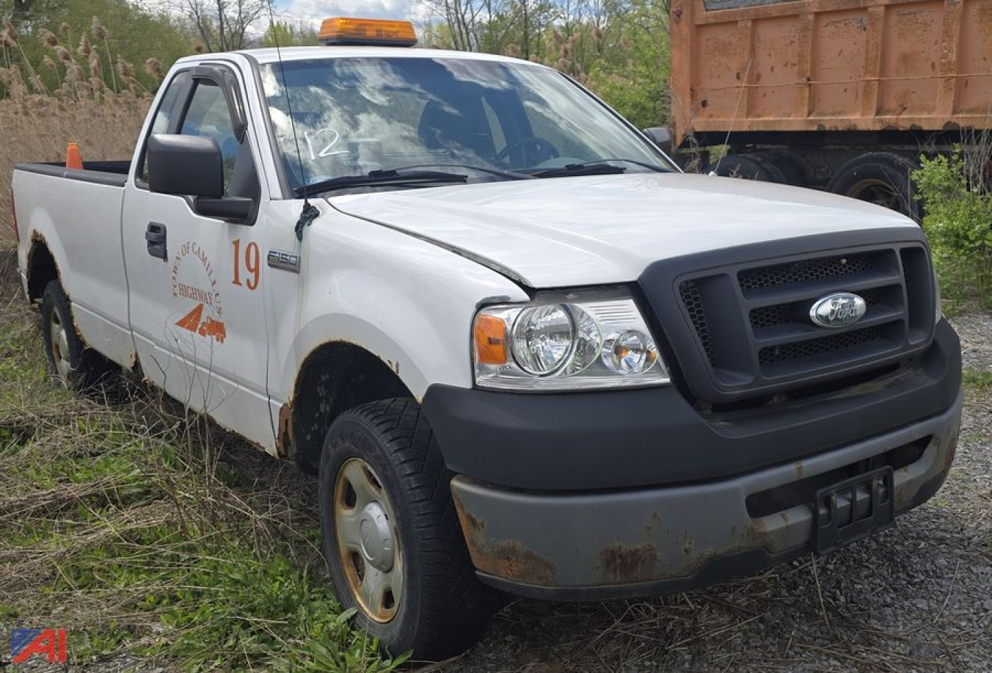 Ford F-150 XL pickup truck with 4x4 badge and rust on front bumper, in a field. 2008 model year showing faded graphics on door and service markings.
