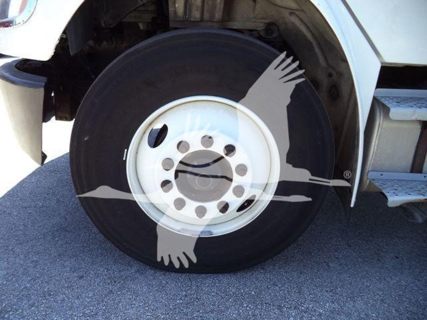 Freightliner M2 106 front wheel and fender, round white hub with black tire, side step visible.
