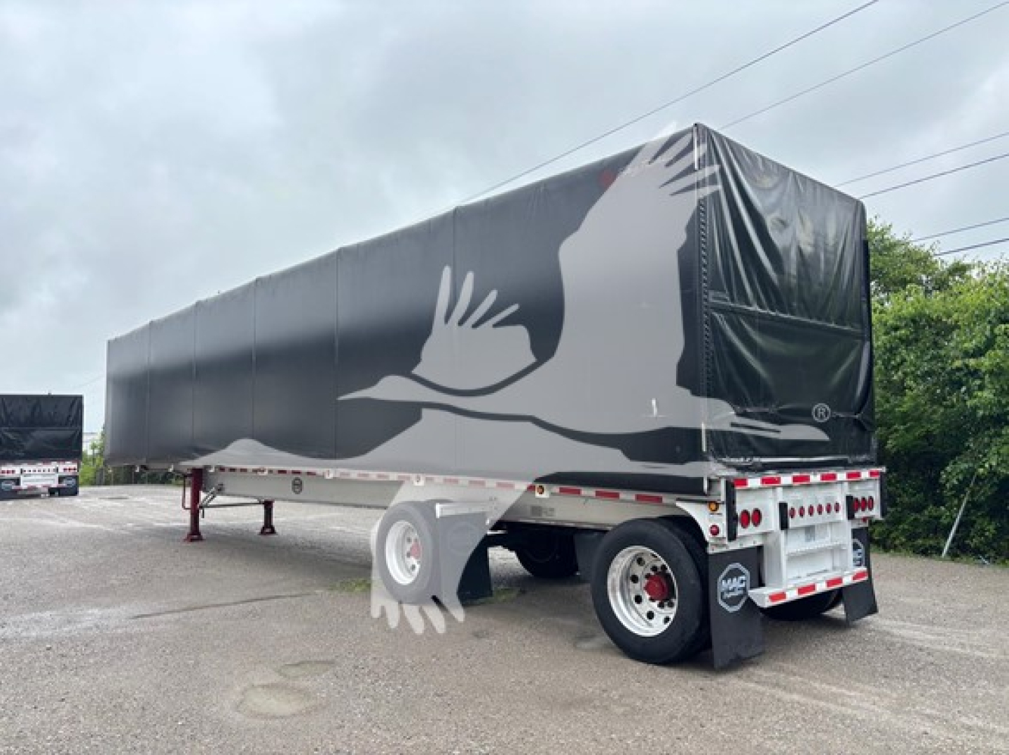 Curtainside trailer in profile showing a large black tarp with a white bird graphic and rear lights.