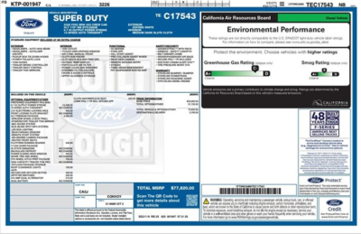 Ford F-Series pickup 2026 window sticker showing Environmental Performance label and MSRP details, with VIN 1FT8W2AM6TEC17543 and stock 336531.