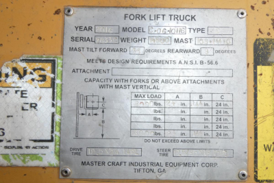 Fork lift truck data plate showing Year 2016, Model C06-10116, Serial 7833, weight 2000 lbs, mast tilt forward 2 degrees, rearward 6? degrees, capacity 4000 lbs with forks, attachment options