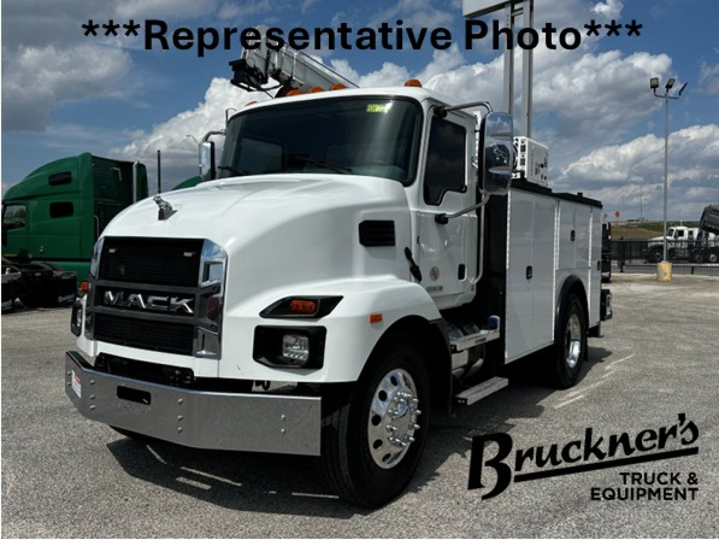 Mack MD6 service truck in a dealership lot with rack and utility compartments; text overlay reads '***Representative Photo***' and 'Bruckner's Truck & Equipment' watermark.