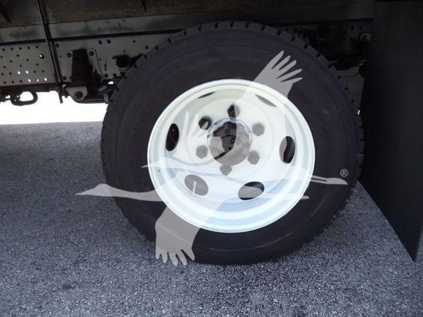 Isuzu NPRR truck wheel and tire visible under flatbed; white steel wheel with lug holes; black tire; surrounding undercarriage and gravel surface.