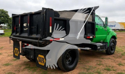 Ford F650 dump truck rear view showing black dump bed, green cab, rear mud flaps with NAPA logos, side mirrors, and rear bumper.
