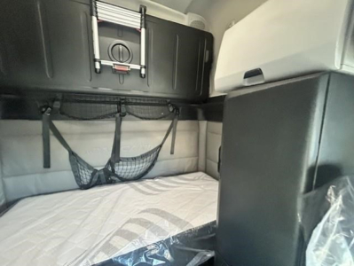 Freightliner Cascadia 126 sleeper cab interior showing bunk area with cargo net and storage compartments